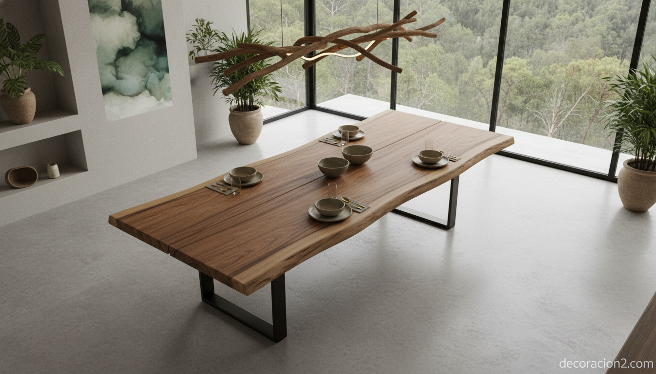 Hugo França: el arte de transformar árboles caídos en muebles únicos 2 Mesa de comedor de madera recuperada con bordes naturales en comedor elegante