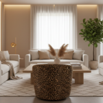 An elegant living room with a leopard print upholstered armchair as the focal point, surrounded by n