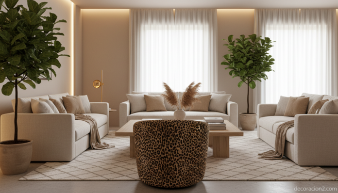 Sillón tapizado en animal print de leopardo en salón elegante