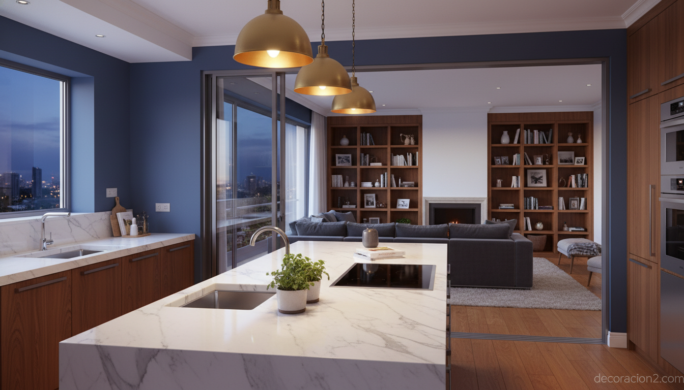 Cocina abierta al salón con puertas correderas de cristal e iluminación cálida