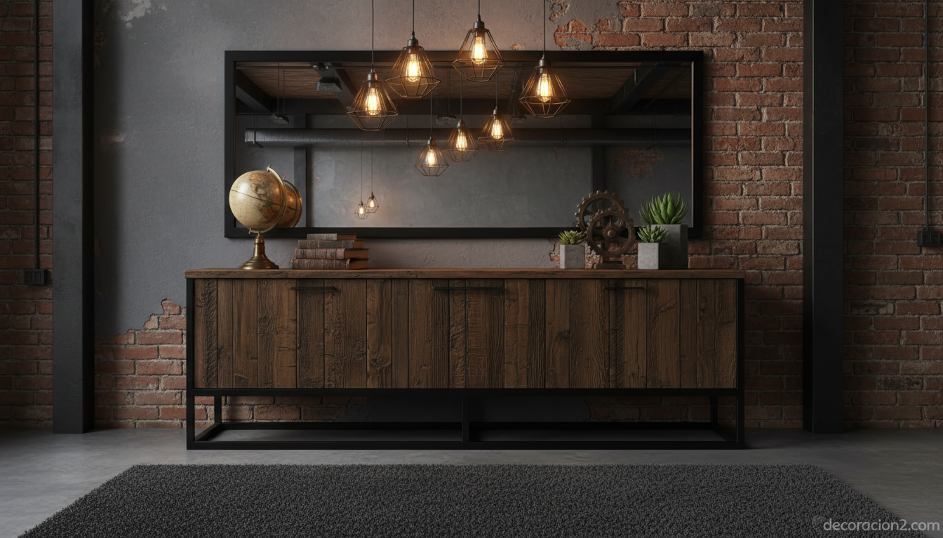 Aparador industrial de madera y metal negro en loft urbano con pared de ladrillo