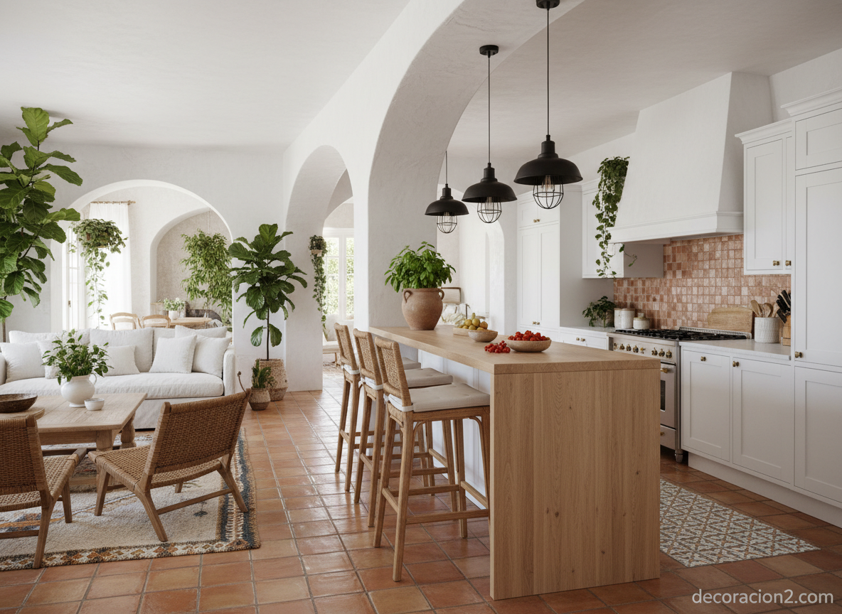Cocina abierta con barra península y taburetes de ratán