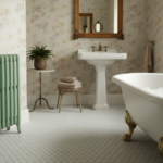 Apple green mint colored HOT radiator installed in a vintage retro bathroom with hexagonal floor tiles, floral wallpaper o…