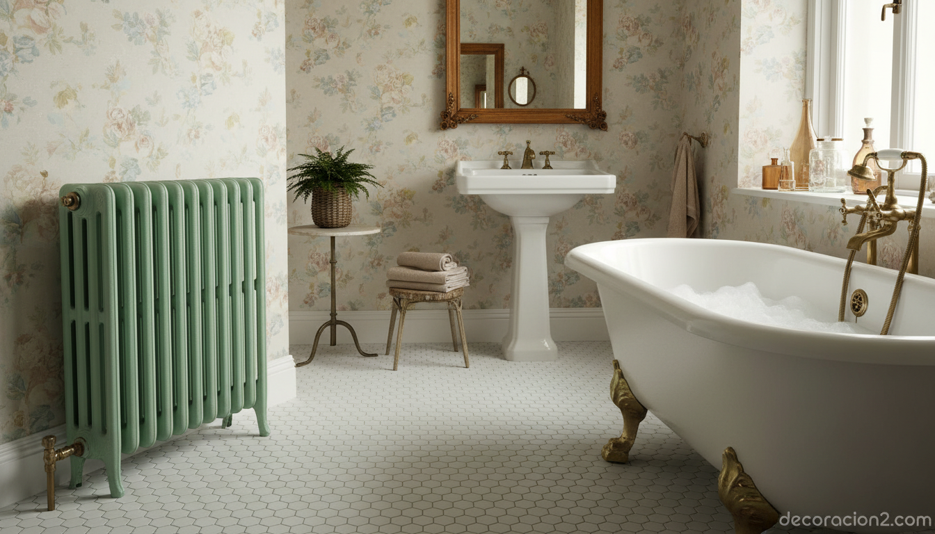 Radiador HOT verde manzana en baño vintage con azulejos hexagonales