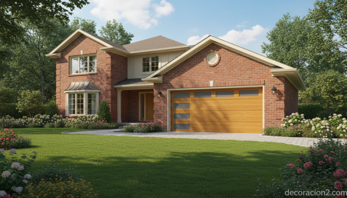 Casa unifamiliar con puerta de garaje Hörmann con acabado imitación madera roble dorado