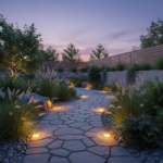 Beautiful modern garden at dusk with a winding stone path illuminated by warm glowing solar bricks e