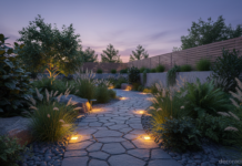 Ladrillos solares iluminando un camino de jardín al atardecer