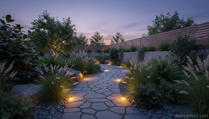 Ladrillos solares iluminando un camino de jardín al atardecer