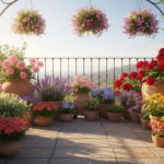 Beautiful sunny terrace with an abundant arrangement of colorful spring flowers in terracotta and ce