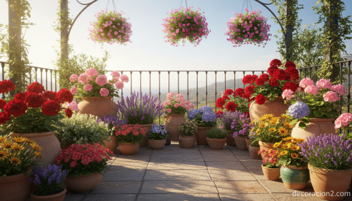 Terraza con plantas de flores de primavera en macetas de colores
