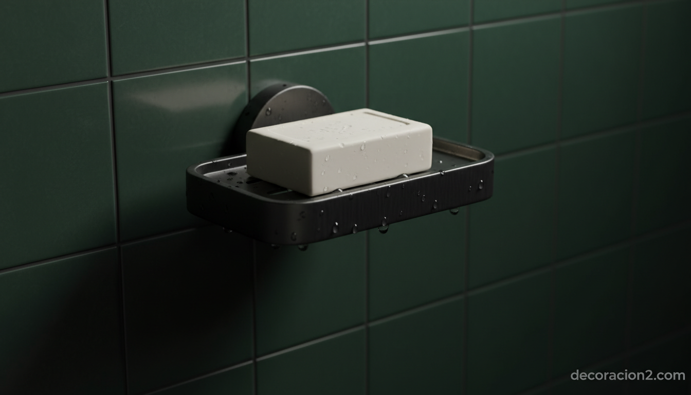 Jabonera metálica negra mate en pared de ducha con azulejo verde oscuro