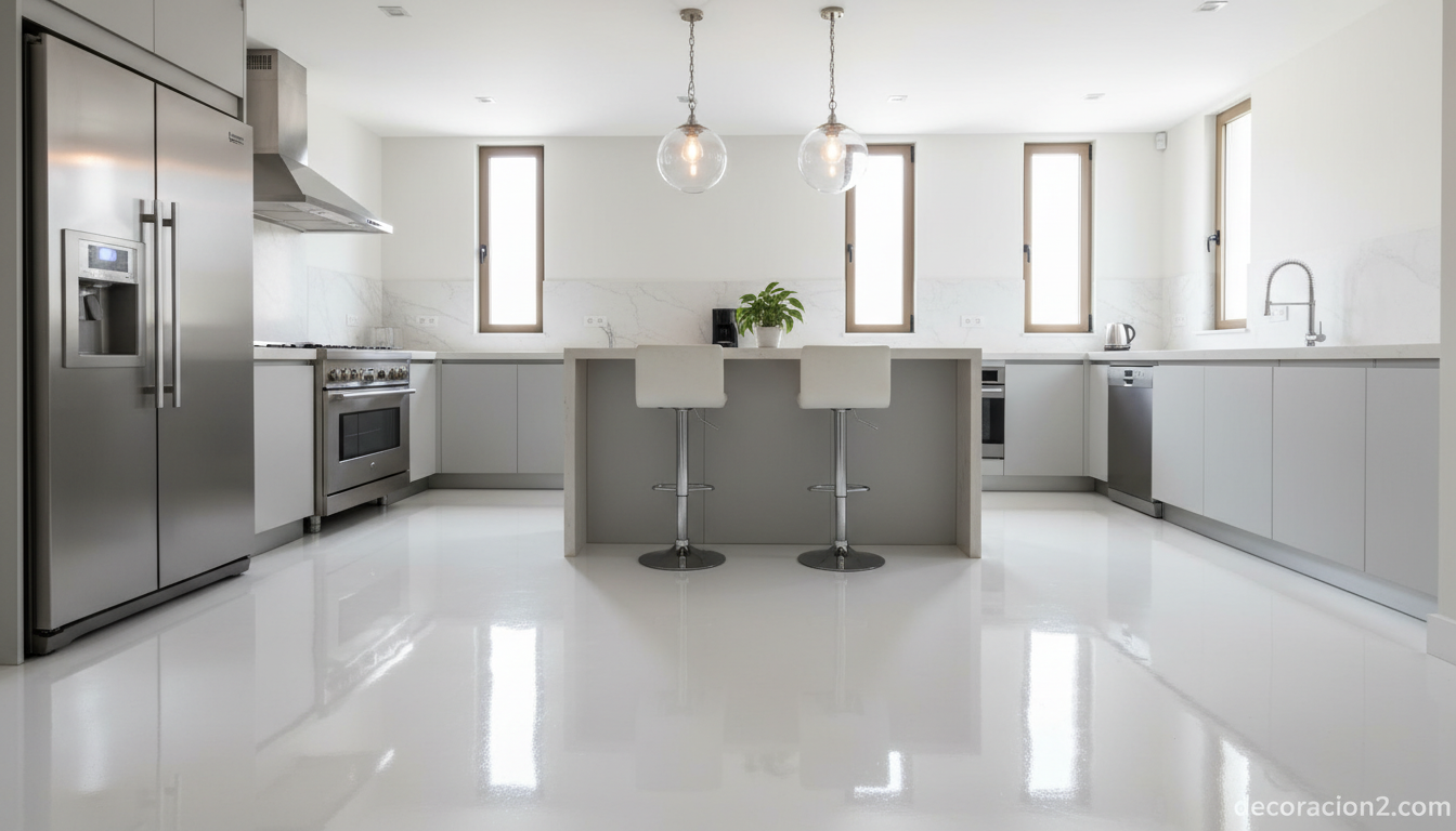 Cocina contemporánea con suelo brillante de resina epoxi blanca