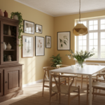 Bright eclectic dining room with a restored antique dark wood china cabinet displaying modern cerami
