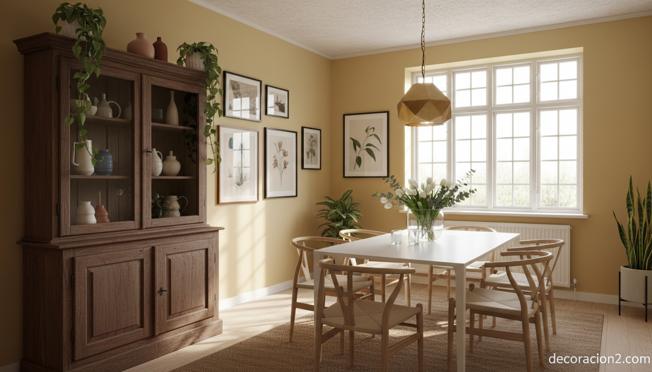 Comedor con vitrina antigua restaurada combinada con mobiliario moderno