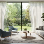 Bright living room with a floor-to-ceiling window overlooking a green garden, sheer linen curtains g