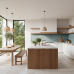 Bright new modern kitchen designed from scratch with large panoramic window facing garden, natural m