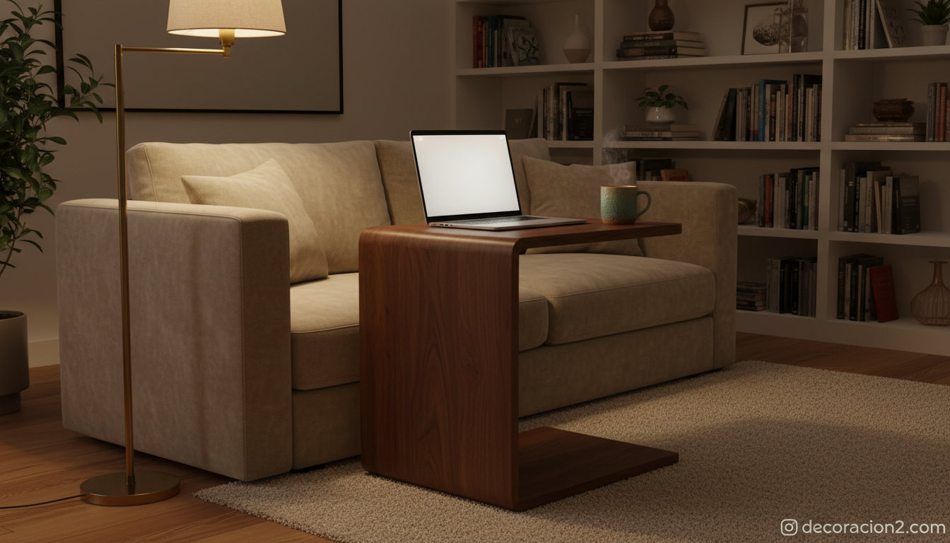 Mesa escritorio tipo C de madera junto a sofá con portátil y lámpara