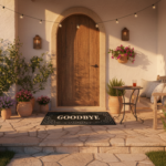 Charming country house porch entrance at golden hour, wooden front door with a beautiful ‘goodbye’ d