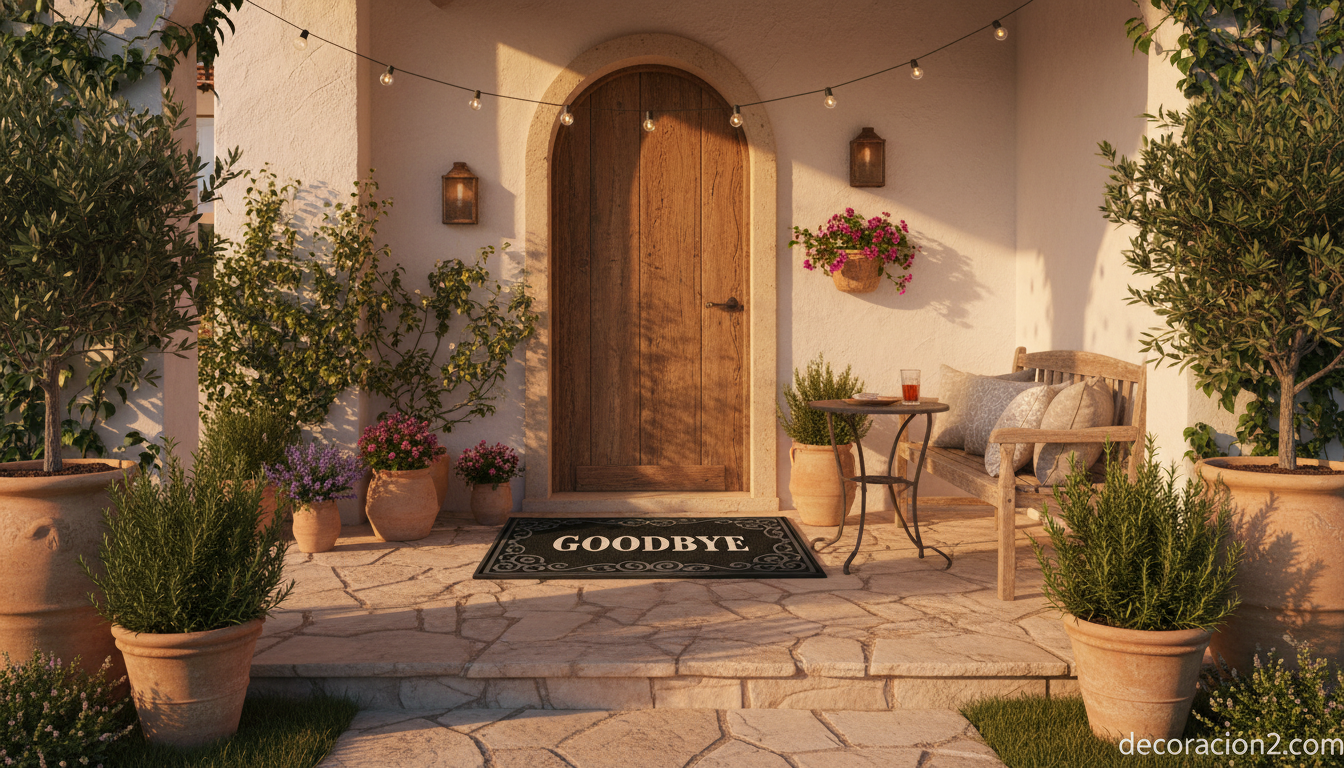 Felpudo de despedida goodbye en porche rural al atardecer