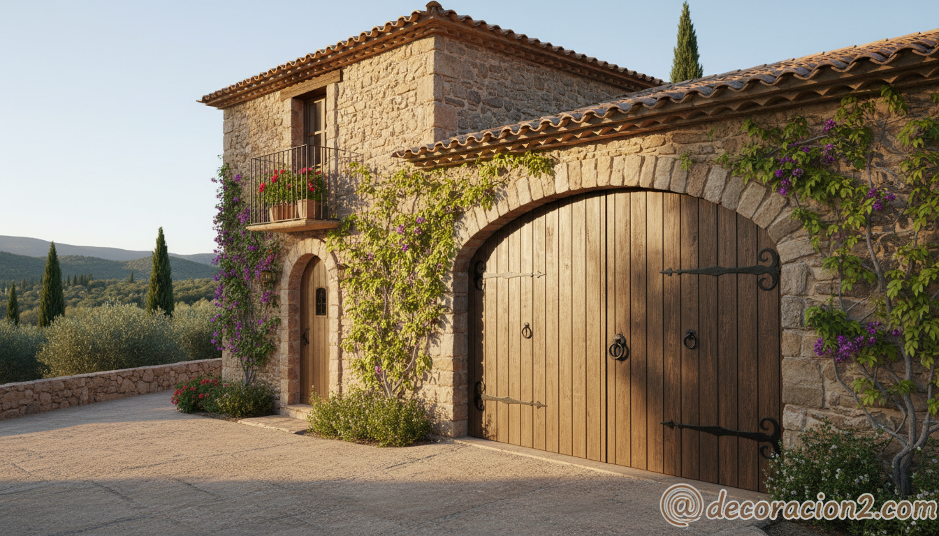 Casa rústica con puerta de garaje seccional estilo madera y herrajes decorativos