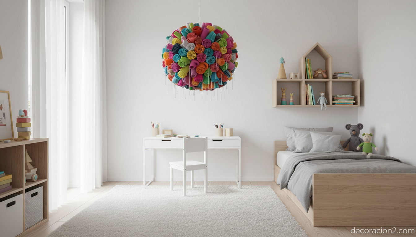 Habitación infantil con lámpara de camisetas y calcetines reciclados en colores alegres