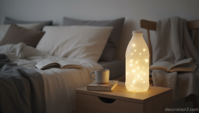 Lámpara DIY hecha con botella de leche encendida sobre mesilla de noche nórdica
