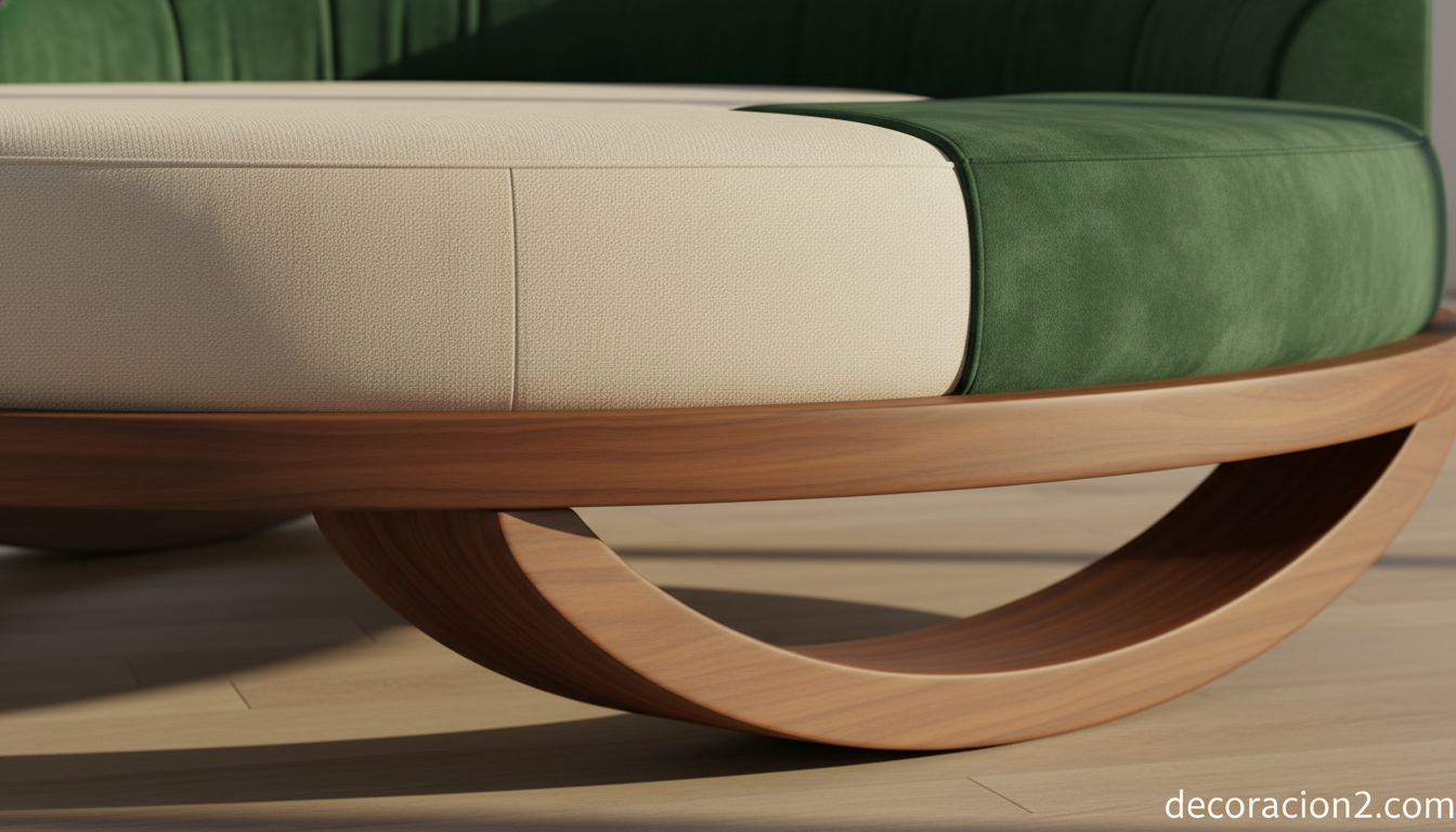 Detalle de la base curva de una cama circular mecedora con tapizado de terciopelo