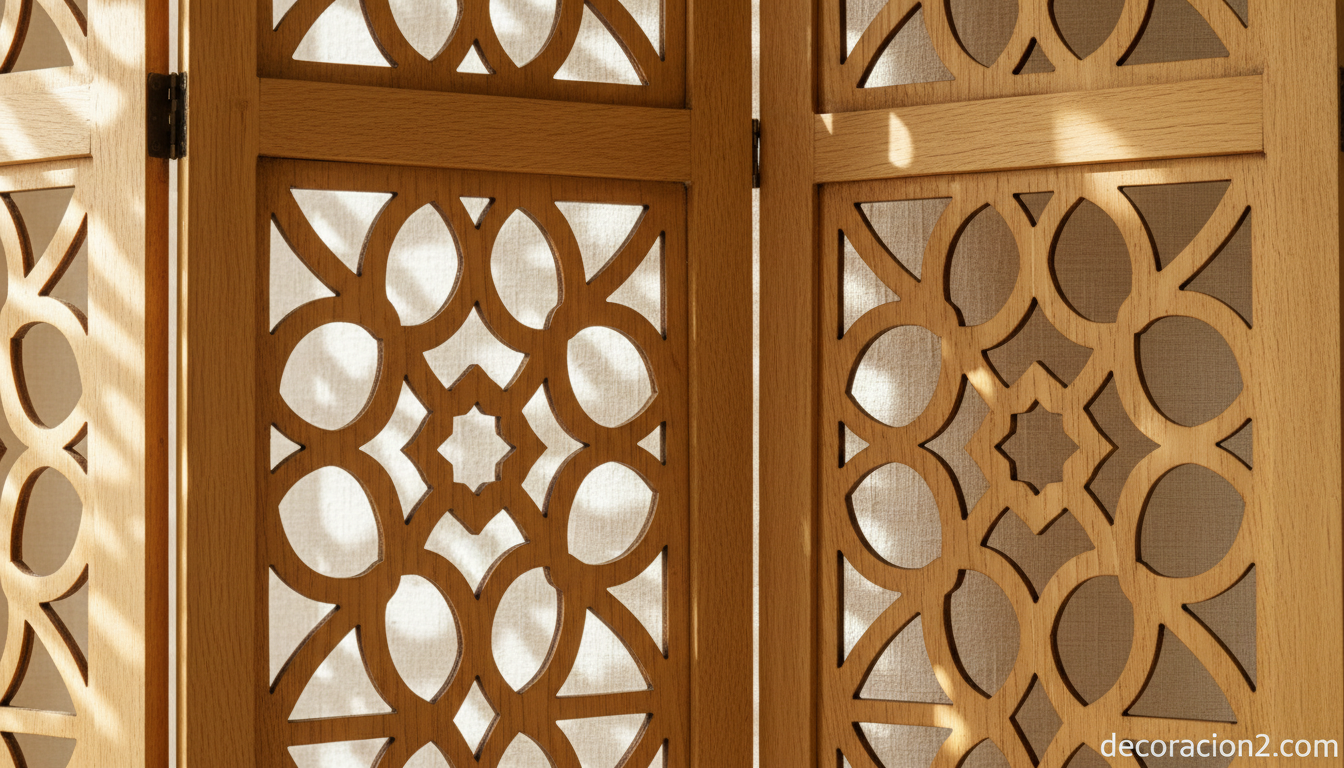 Detalle de biombo de madera calada con patrón geométrico como pared de quita y pon