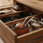 Close-up detail of a deep wooden kitchen drawer fully extended showing soft-close metal runners and