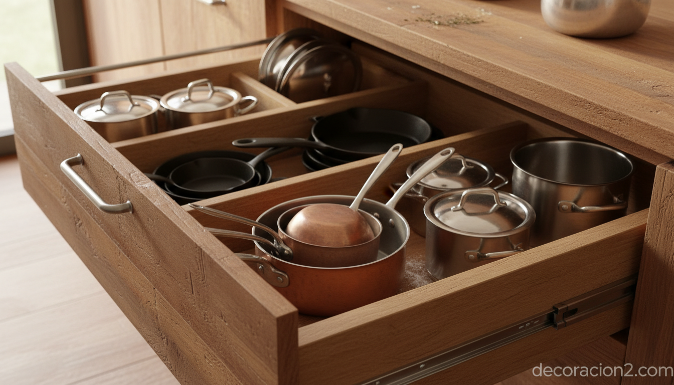 Detalle de cajón de cocina con guías metálicas y almacenaje interior