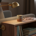 Close-up detail of a handcrafted wooden bookshelf integrated into the side of a contemporary reading
