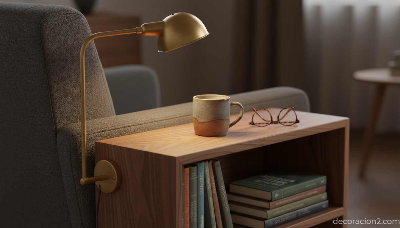 Detalle de estantería lateral integrada en sillón de madera de nogal