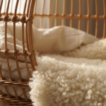 Close-up detail of a handwoven natural wicker hanging bassinet, focusing on the texture of rattan an