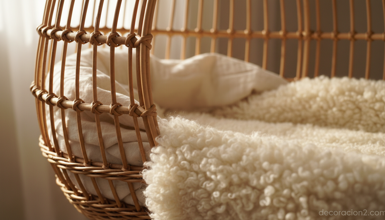 Detalle de moisés colgante de ratán natural con textil de algodón