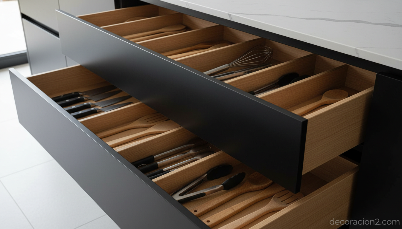 Detalle de cajones de cocina compacta con tiradores ocultos y encimera de piedra sinterizada