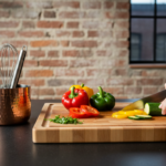 Close-up detail of a loft kitchen countertop: hands slicing vegetables on a matte black quartz workt