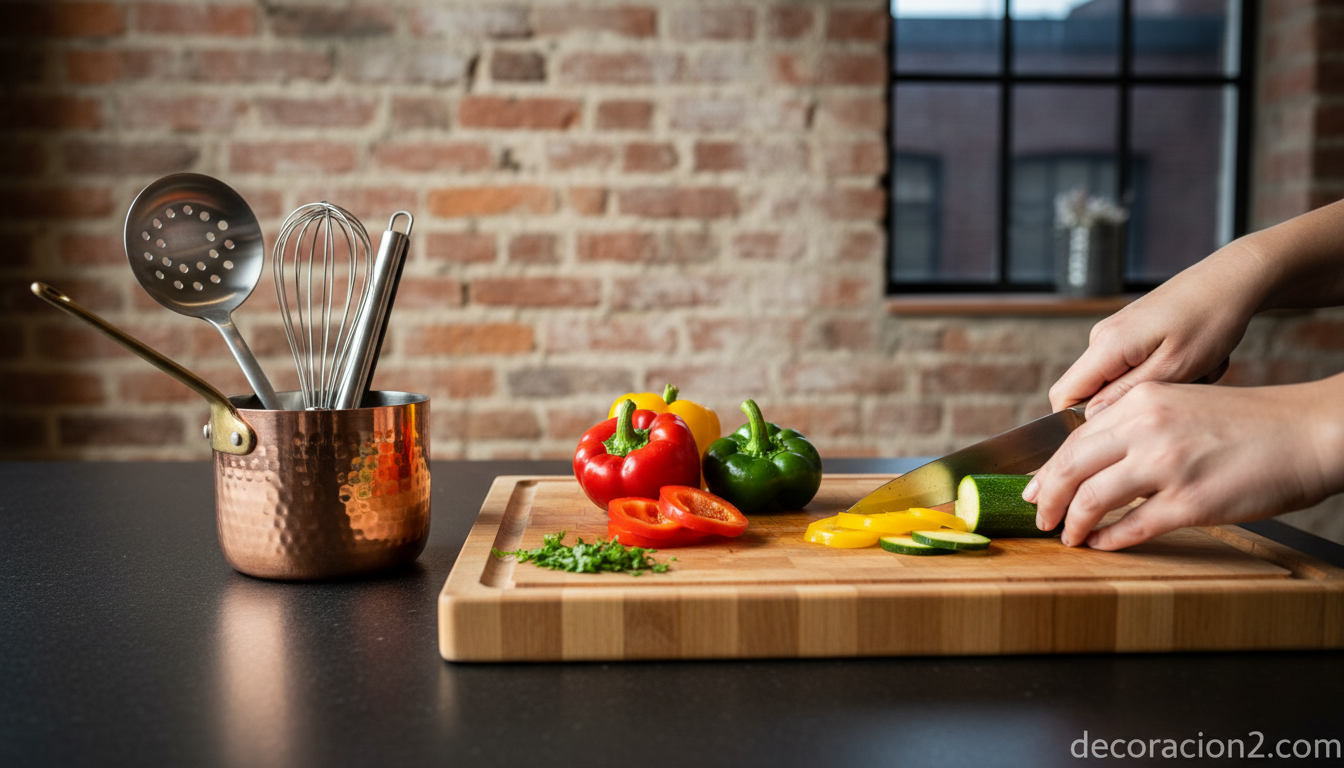 Detalle de encimera en cocina loft con materiales industriales
