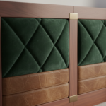 Close-up detail of a luxury modular bed headboard combining rich walnut wood frame, a quilted velvet