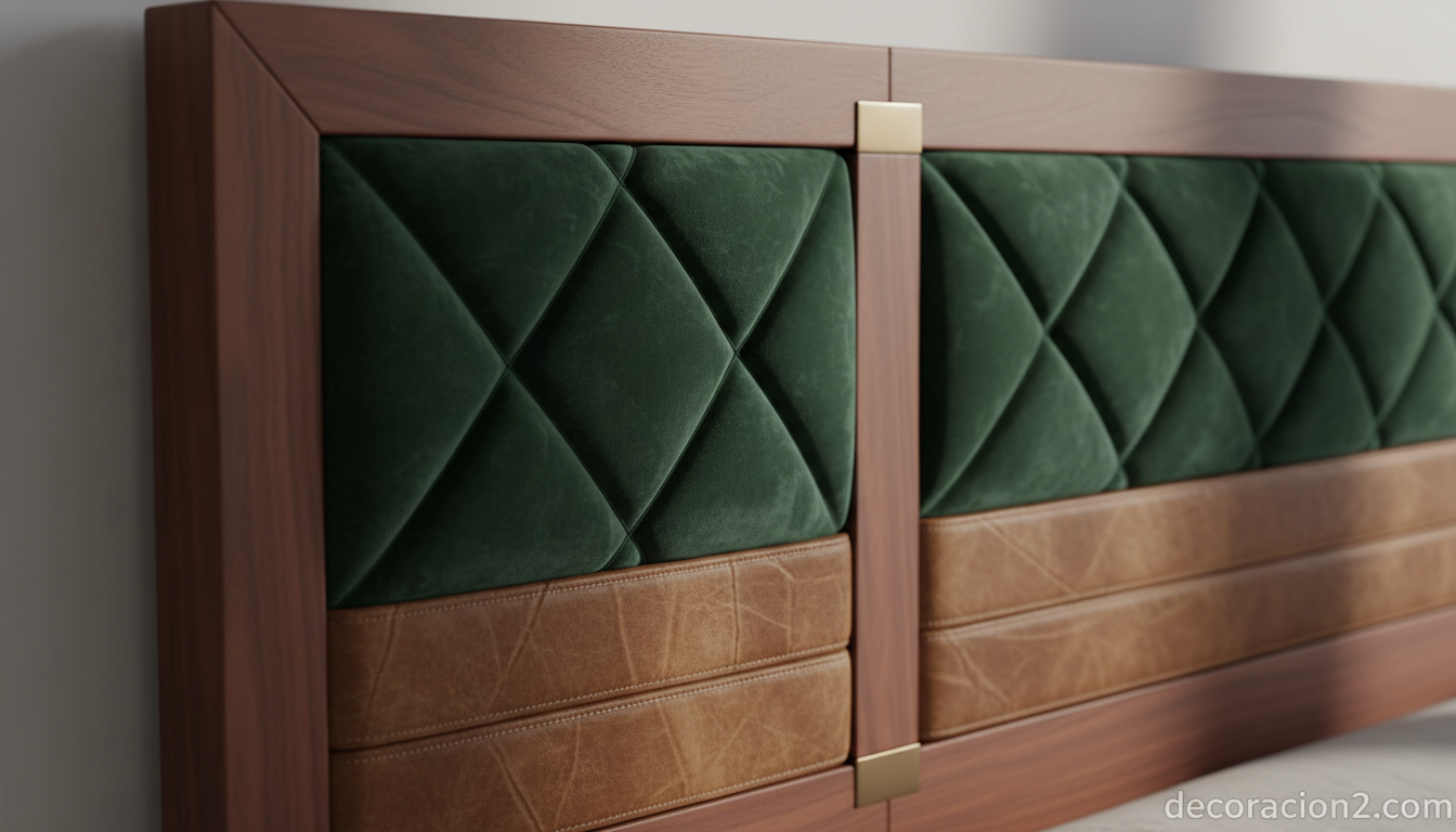 Detalle de cabecero combinado en madera, terciopelo y piel