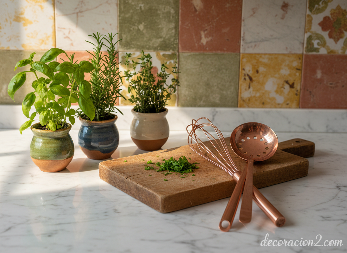 Detalle de encimera de mármol con hierbas aromáticas en cocina amplia