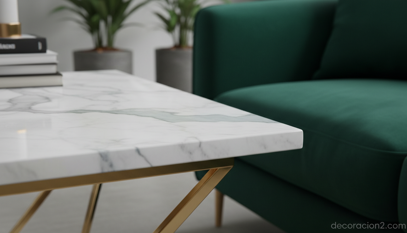 Detalle de mesa esquinera de mármol con patas doradas junto a sofá