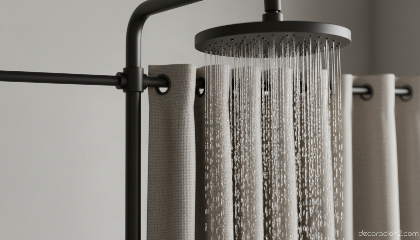 Detalle de grifería minimalista de ducha en negro mate con cortina técnica