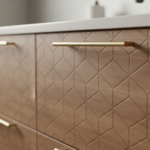 Close-up detail of a modern bathroom vanity drawer front with geometric patterns, showing the wood-g