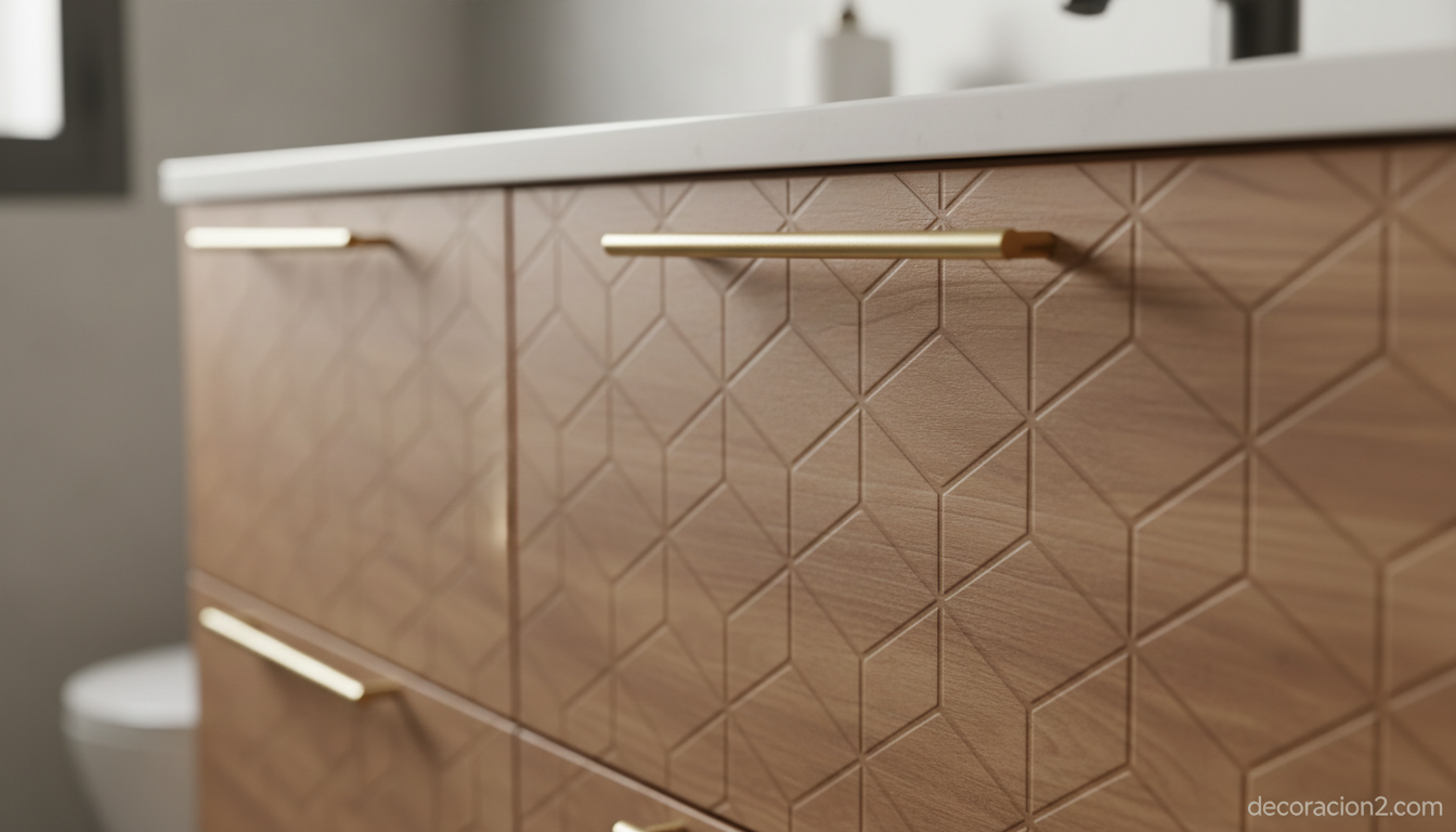 Detalle de mueble de baño moderno con acabado en madera y tiradores metálicos