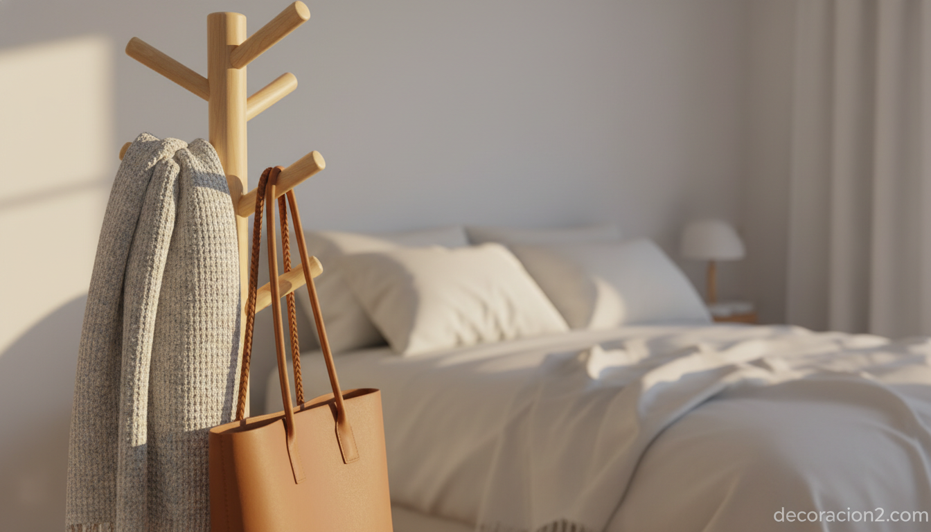 Perchero de pie de madera de haya con accesorios colgados en dormitorio