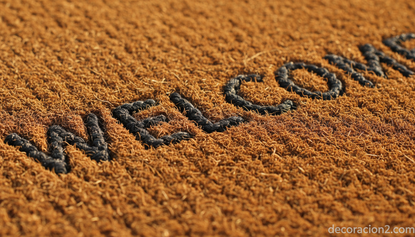 Detalle de felpudo de fibra de coco con la palabra welcome