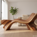 Close-up detail of a sculptural wooden bench made from a fallen tree trunk, showing beautiful natura