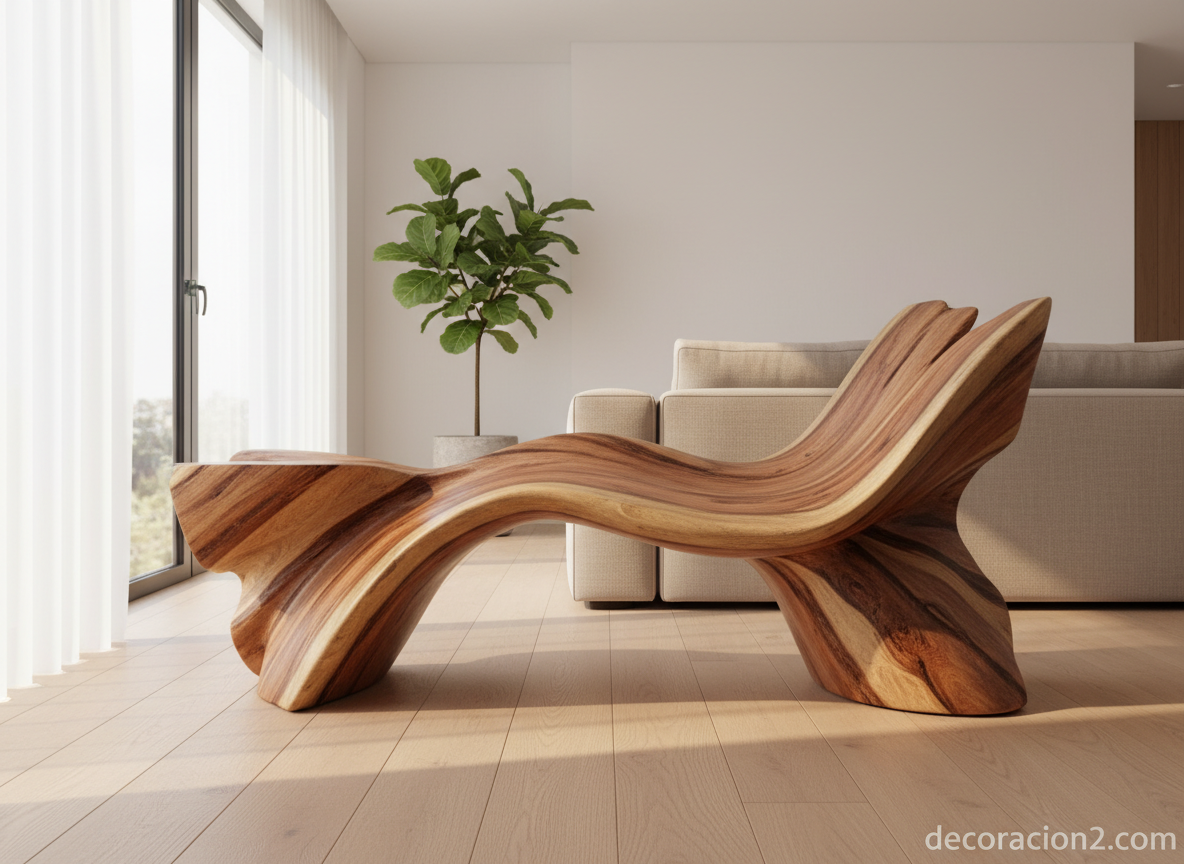 Hugo França: el arte de transformar árboles caídos en muebles únicos 1 Detalle de banco escultórico de madera tallada a mano por Hugo França