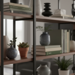 Close-up detail of a stylish open shelving unit made of dark walnut wood and black steel frame, no b