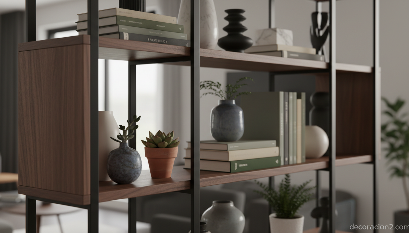 Detalle de estantería abierta de madera y metal con libros y plantas